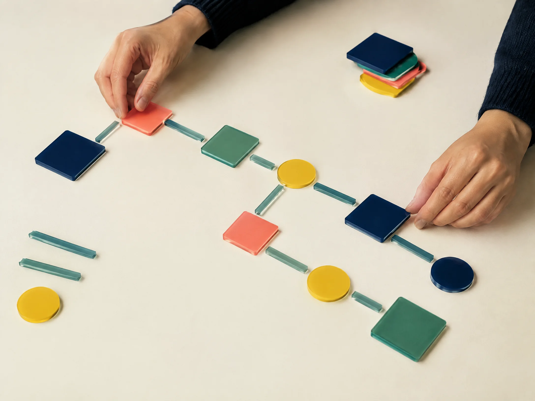 Hands arranging connected route tiles