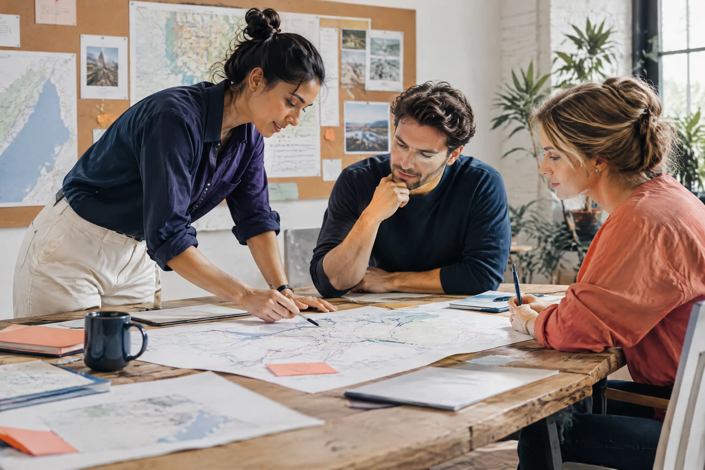 Team reviewing a product route around a table